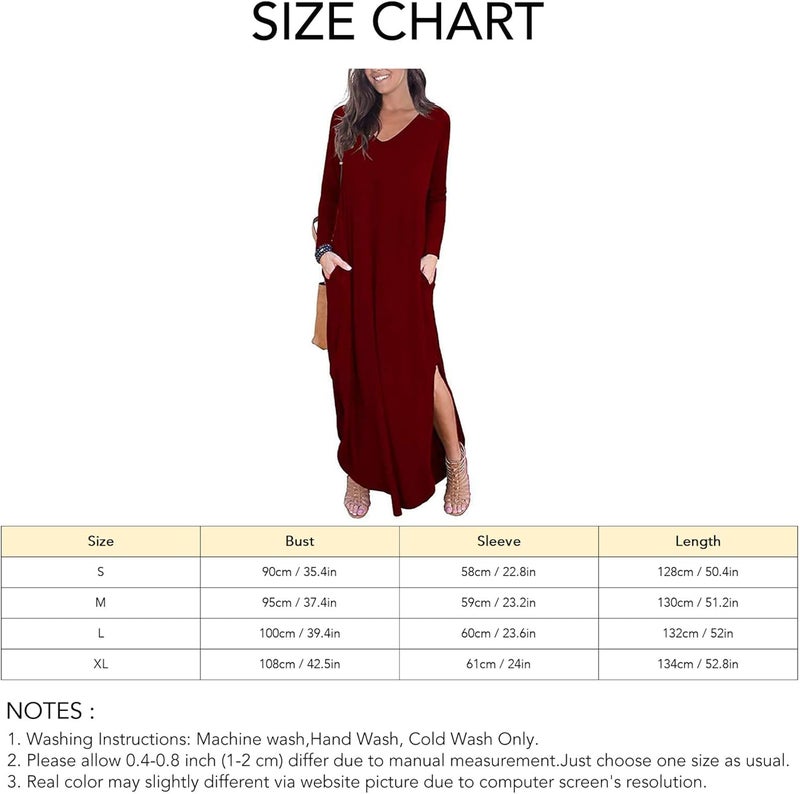 woobles dress for women Pure color V-neck dress with sleeves and pockets Women's casual dress Wine Red XL - Image 2
